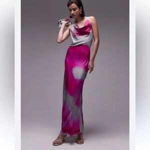 Topshop Elegant Pink Gray Cowl Neck Satin Maxi Dress Size 12